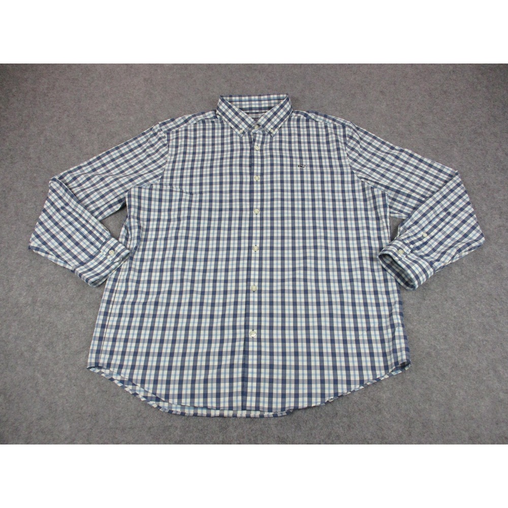Vineyard Vines Shirt Mens Extra Large Blue White Plaid Whale Button Down Stretch